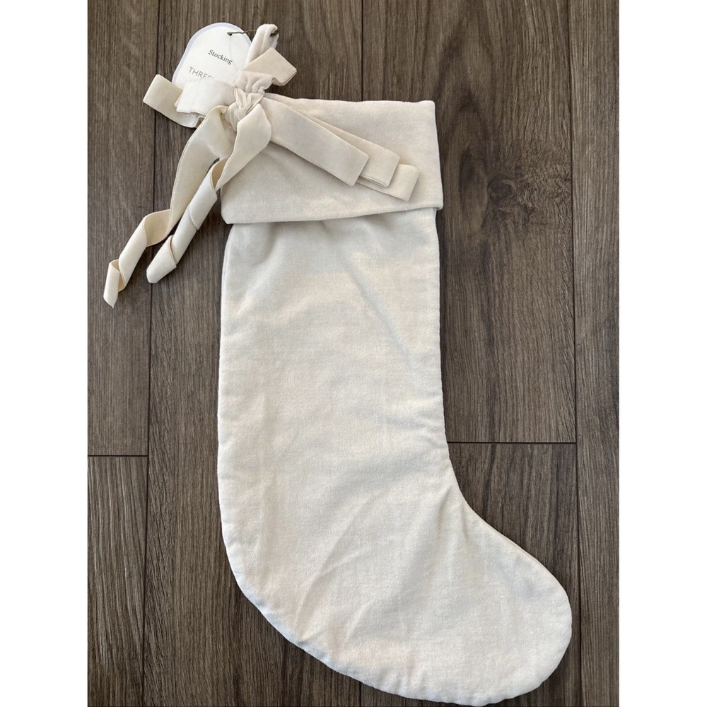 Threshold Studio McGee Christmas Stocking Cream Light Tan Velvet Ribbons Bow NWT